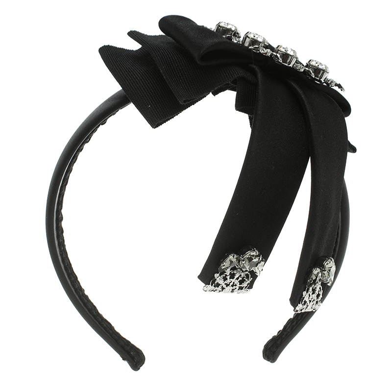 Pre Owned Dolce and Gabbana Black Satin Crystal Embellished Bow Headband