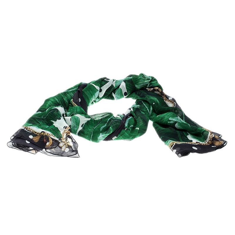 Pre Owned Dolce and Gabbana Banana Leaf Print Crinkled Silk Chiffon Scarf