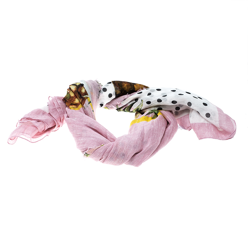 Pre Owned Dolce and Gabbana Multicolor Polka Dotted Pineapple Print Fringed Edge Scarf
