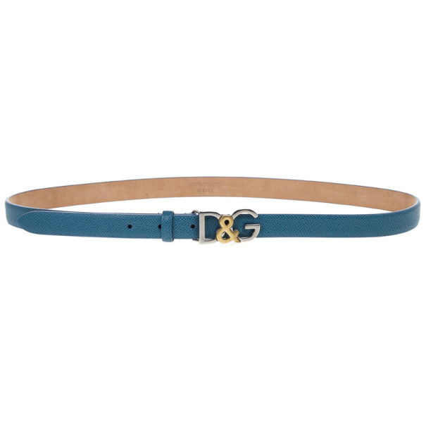 Pre Owned Dolce and Gabbana Blue Leather Logo Belt 85 CM