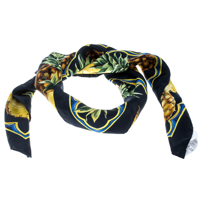 Dolce and Gabbana Pineapple Print Striped Silk Square Scarf