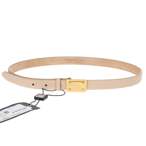 مملوكة مسبقًا Dolce and Gabbana Beige Leather Plaque Skinny Belt 75 CM