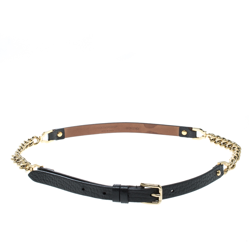 Pre-owned Dolce & Gabbana Black Leather And Gold Tone Chain Skinny Belt 80cm