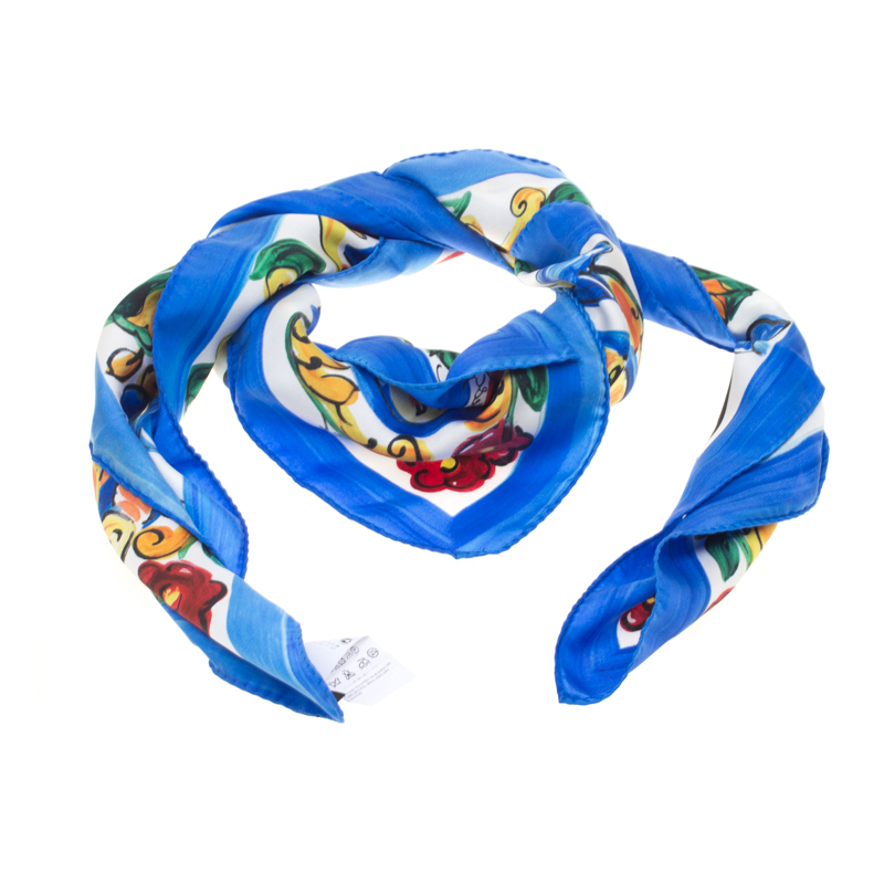 Pre Owned Dolce and Gabbana Multicolor Majolica and Polka Dot Printed Silk Square Scarf