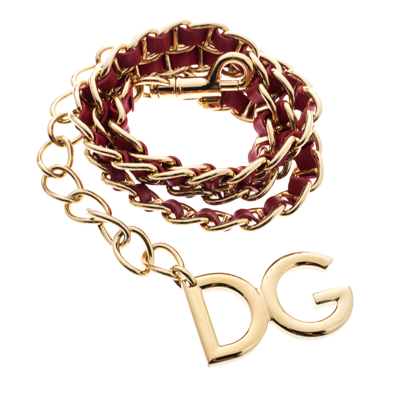 

Dolce and Gabbana Red Interlaced Leather Gold Tone Chain Belt