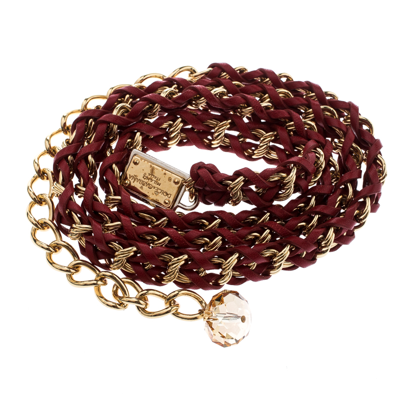 

Dolce and Gabbana Red Interwoven Leather Gold Tone Chain Belt