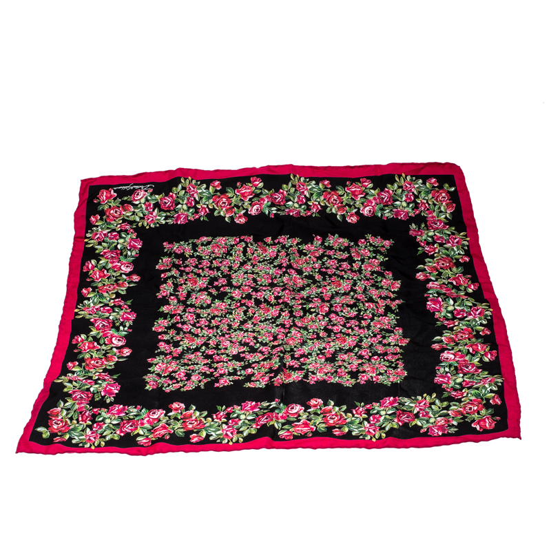 

Dolce & Gabbana Black and Pink Rose Printed Silk Square Scarf