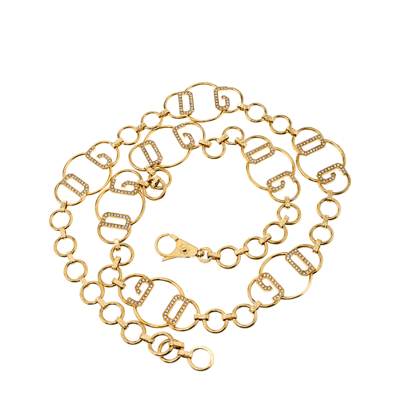 

Dolce and Gabbana Logo Crystal Gold Tone Chain Link Belt