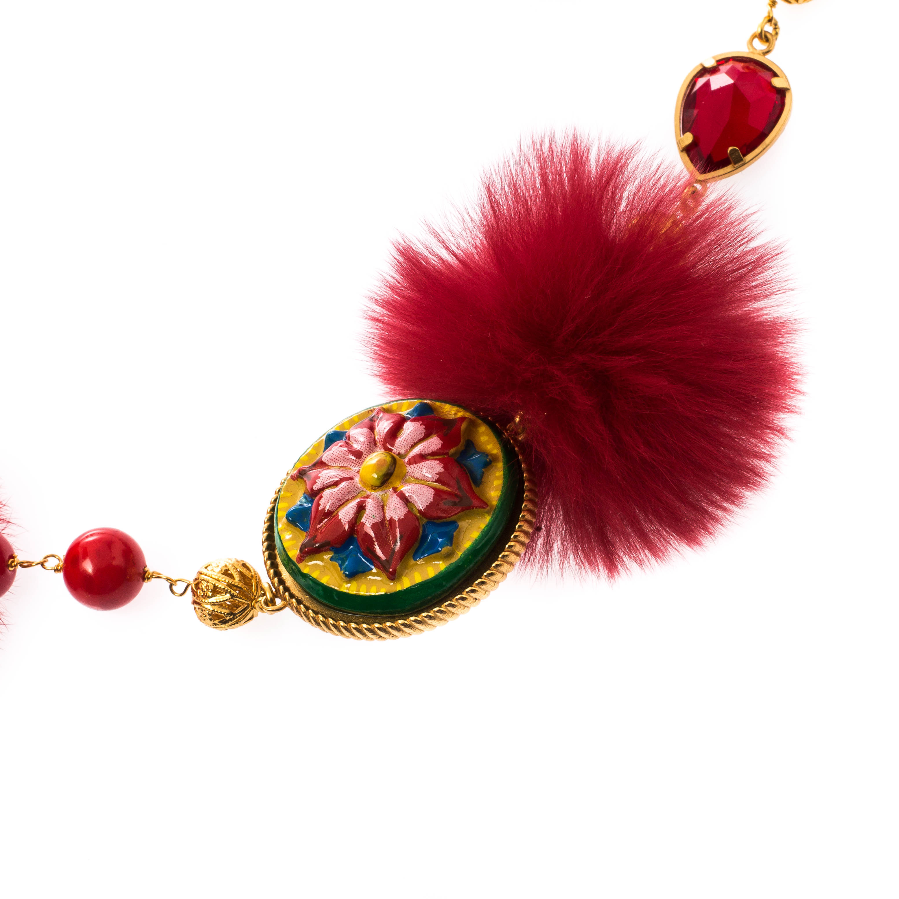 

Dolce and Gabbana Hand Painted Fur Crystal Filigree Gold Tone Long Necklace, Red