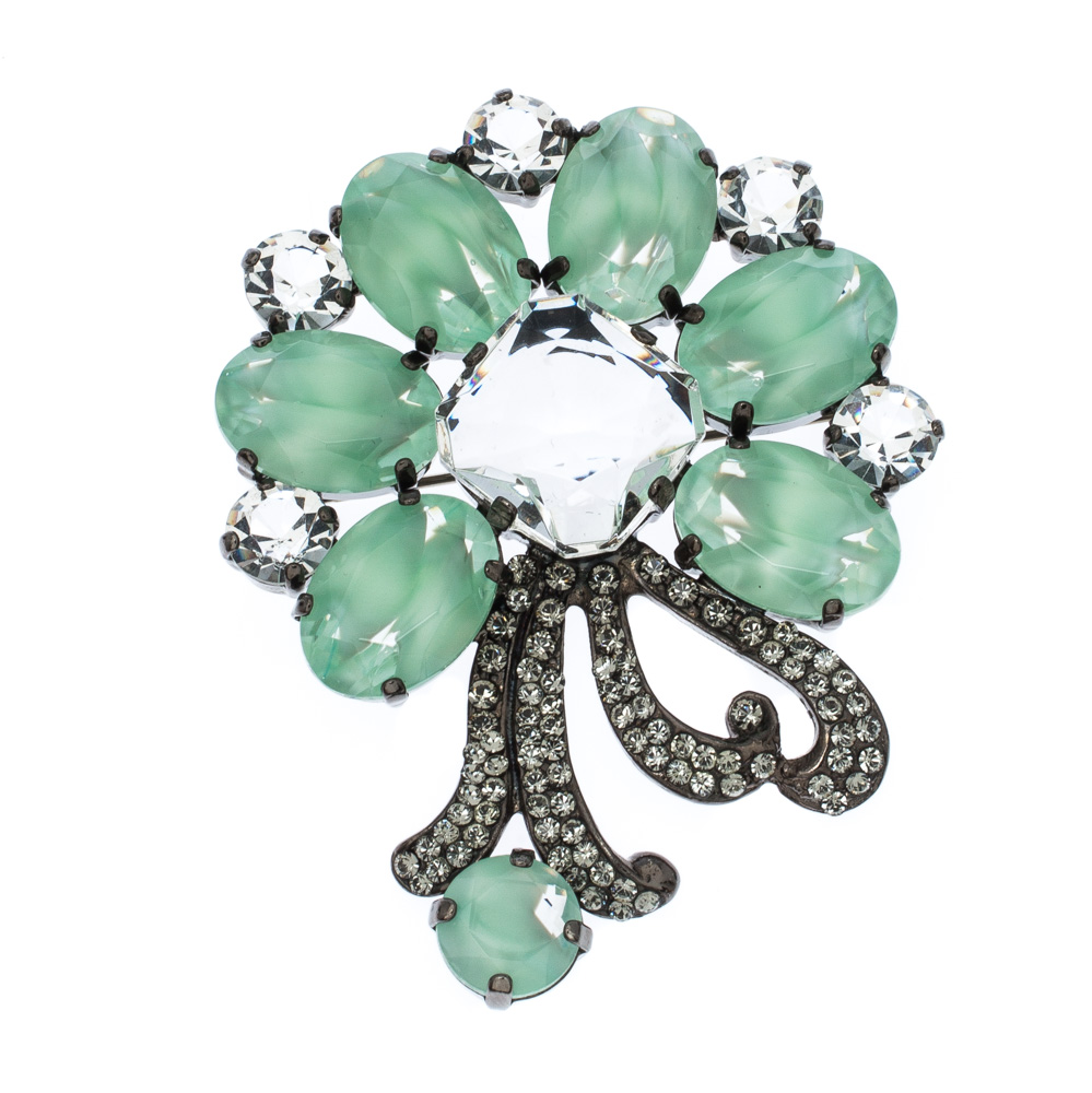 Dolce & Gabbana Green Floral Crystal Silver Tone Brooch
