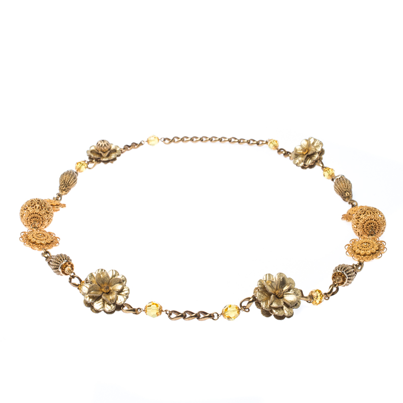 

Dolce & Gabbana Crystal Flower Filigree Gold Tone Long Station Necklace
