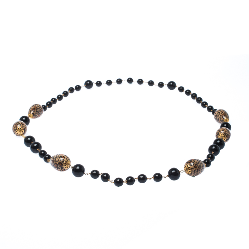 

Dolce & Gabbana Printed Beaded Gold Tone Long Necklace, Black