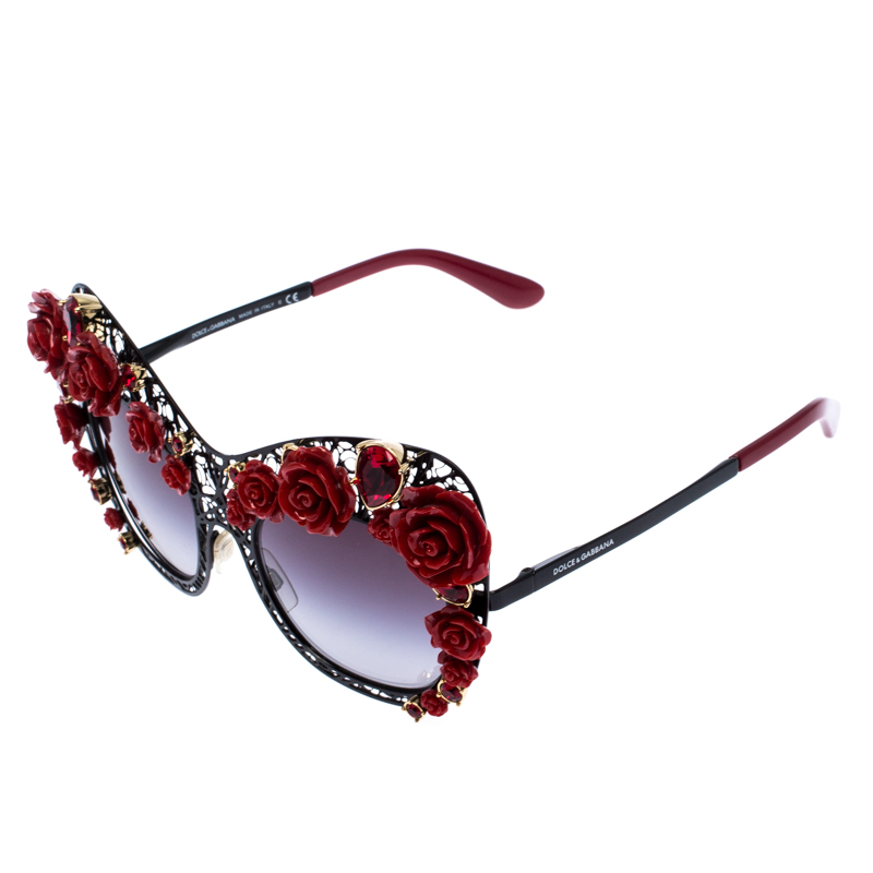 Dolce & Gabbana Red/Black Gradient Rose and Crystal Embellished Cateye Sunglasses  Dolce & Gabbana | TLC