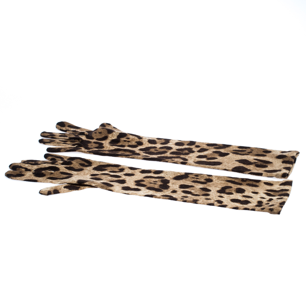 

Dolce & Gabbana Brown Leopard Print Wool Long Gloves