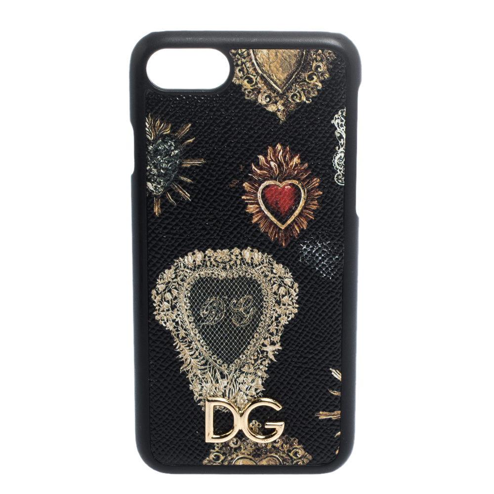 Dolce & Gabbana Black/Gold Sacred Heart Print Leather iPhone 7 Case
