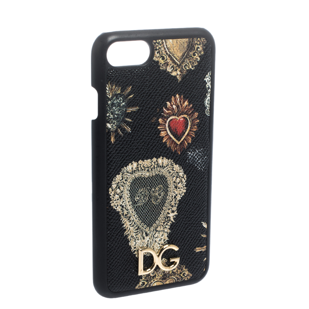 

Dolce & Gabbana Black/Gold Sacred Heart Print Leather iPhone 7 Case