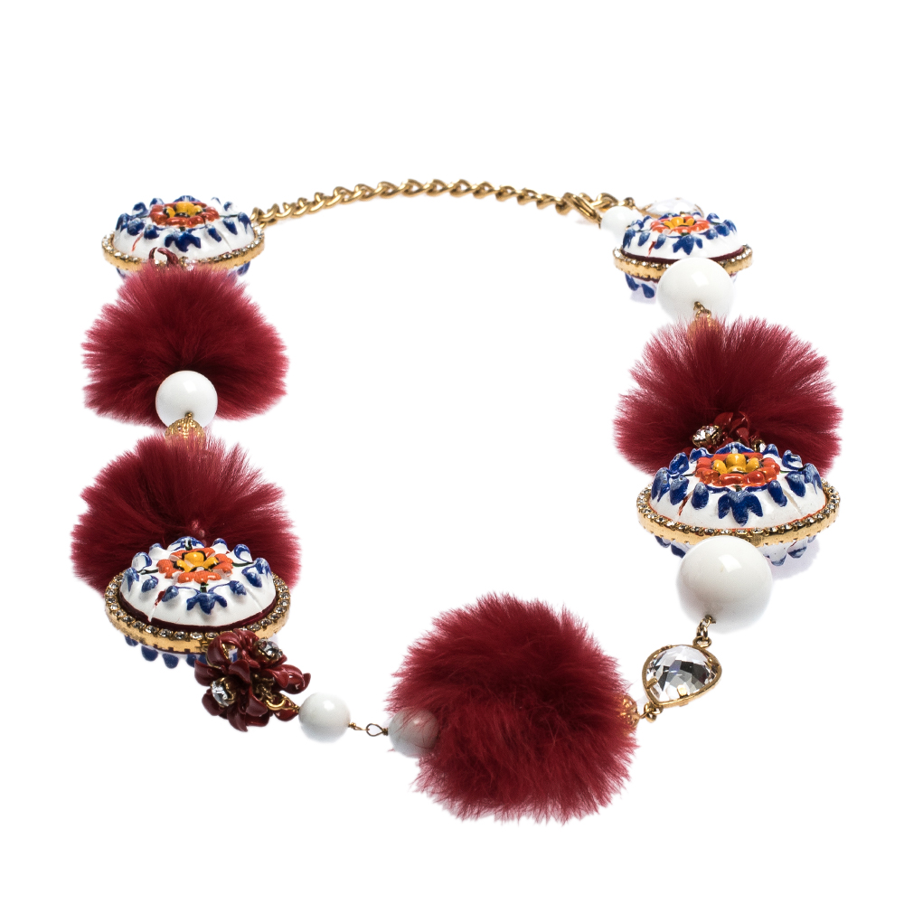 

Dolce & Gabbana Beaded Fur Hand Painted Fur Crystal Filigree Gold Tone Belt, Multicolor