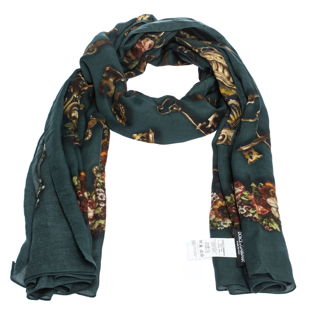 

Dolce & Gabbana Green Floral & Key Print Cashmere Blend Scarf