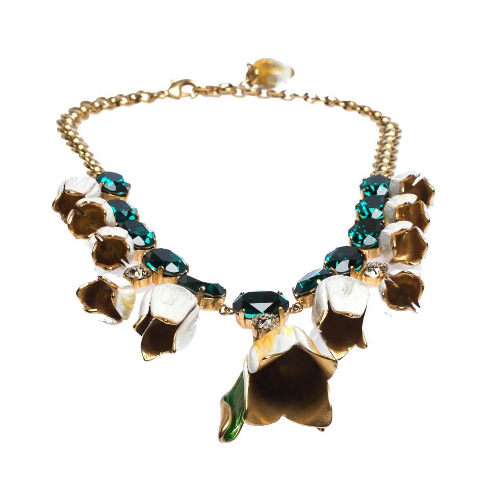 

Dolce & Gabbana Multicolor Tulip Enamel Crystal Charm Gold Tone Necklace