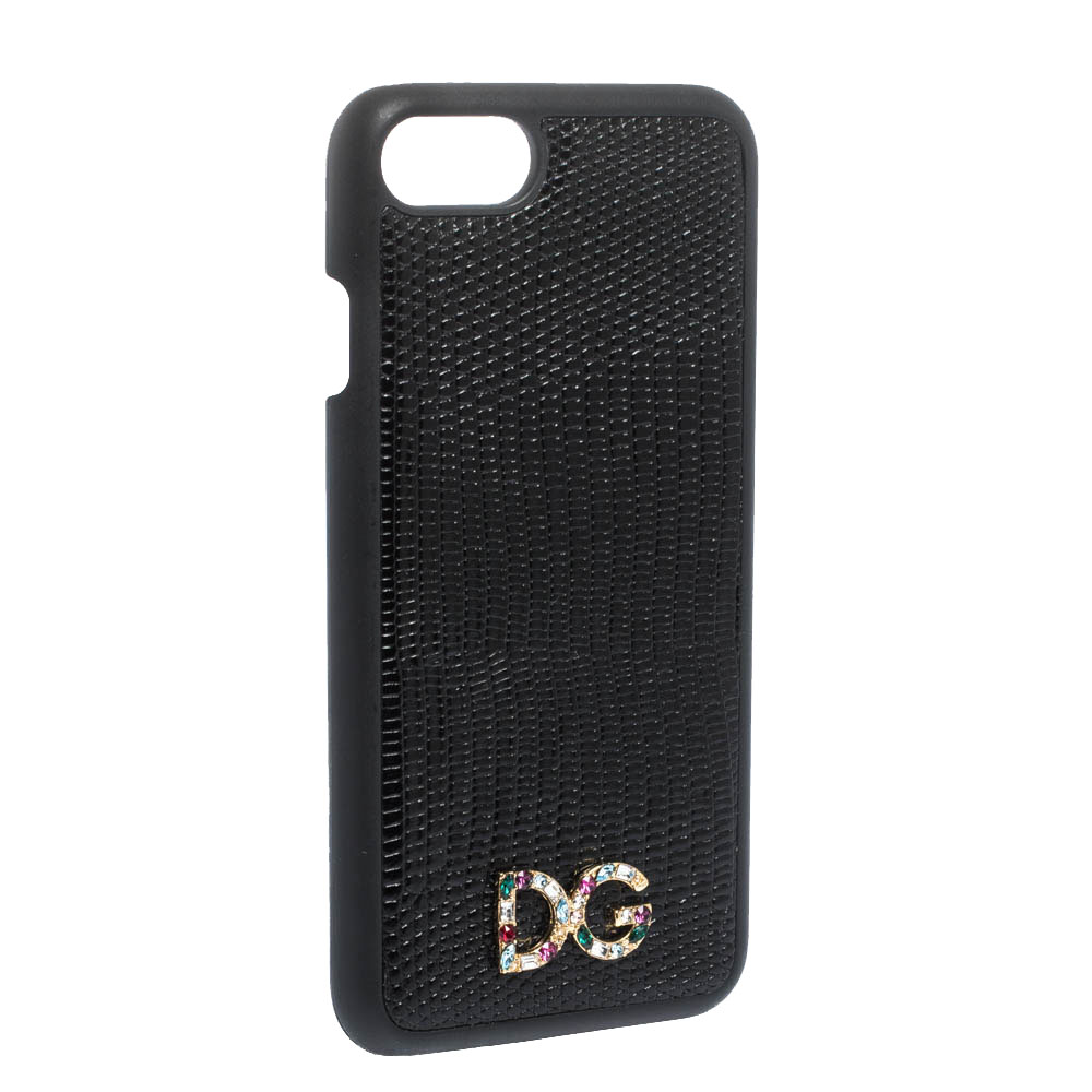 

Dolce & Gabbana Black Lizard Embossed Leather Crystal Logo iPhone 7 Cover