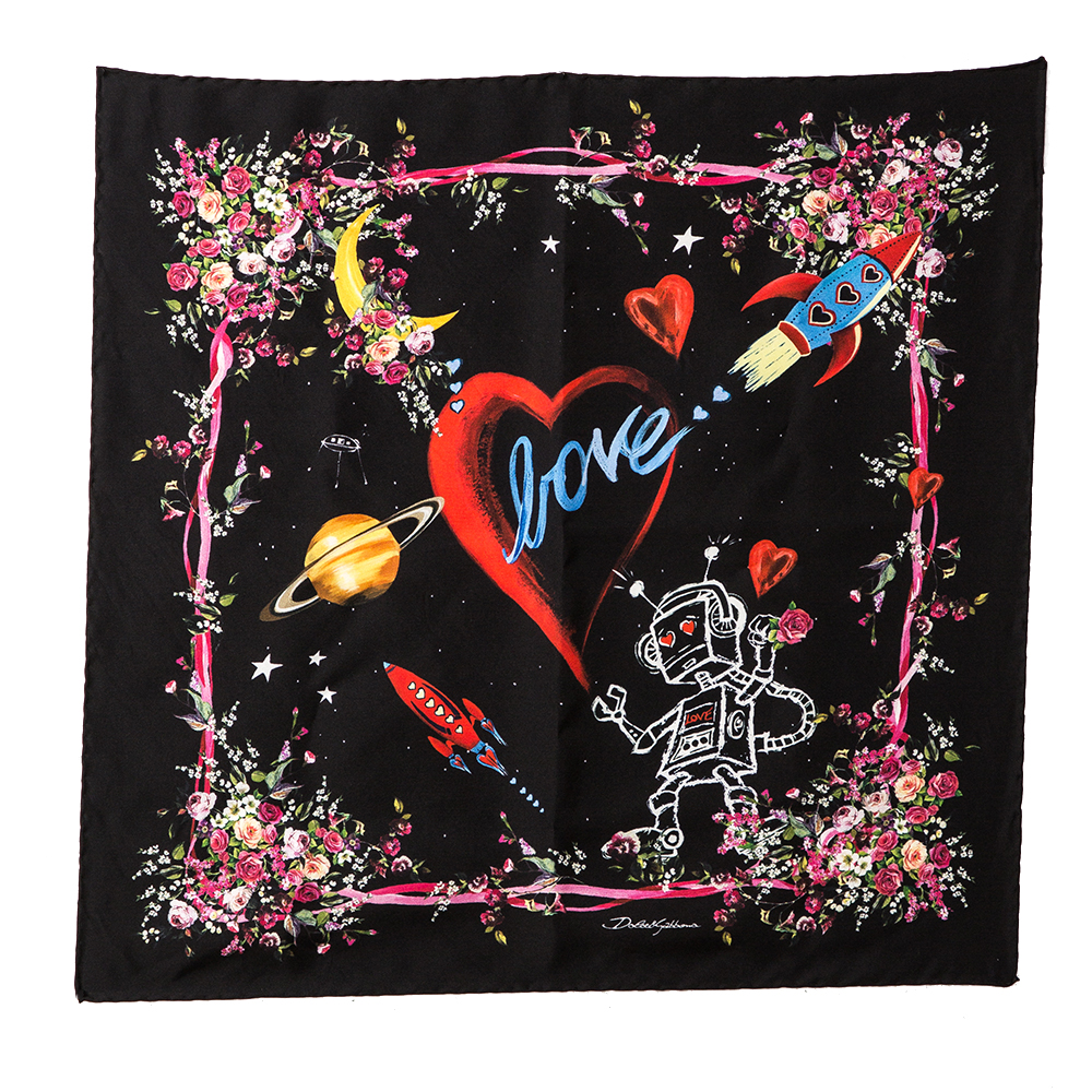 

Dolce & Gabbana Black Space Love Print Silk Square Scarf