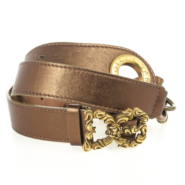 Pre Owned Dolce and Gabbana Brown Leather &amp; Chain Belt 89 CM