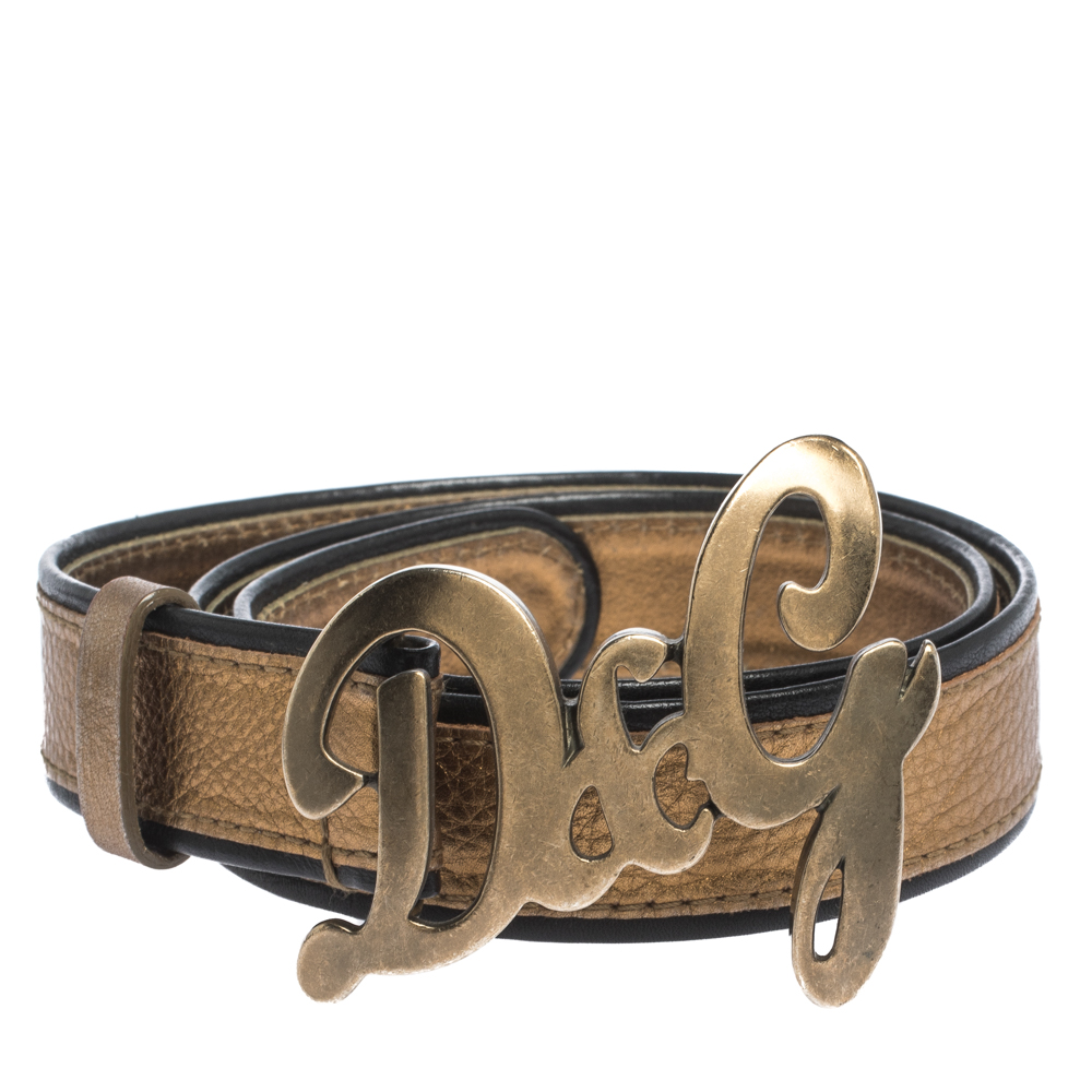 

Dolce & Gabbana Metallic Gold/Black Leather D&G Logo Buckle Belt