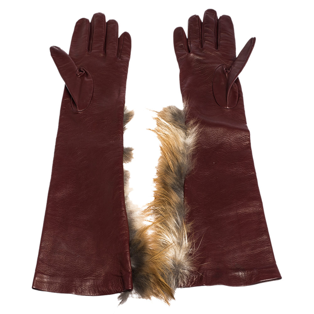 

Fendi Maroon Fox Fur and Leather Long Gloves, Red