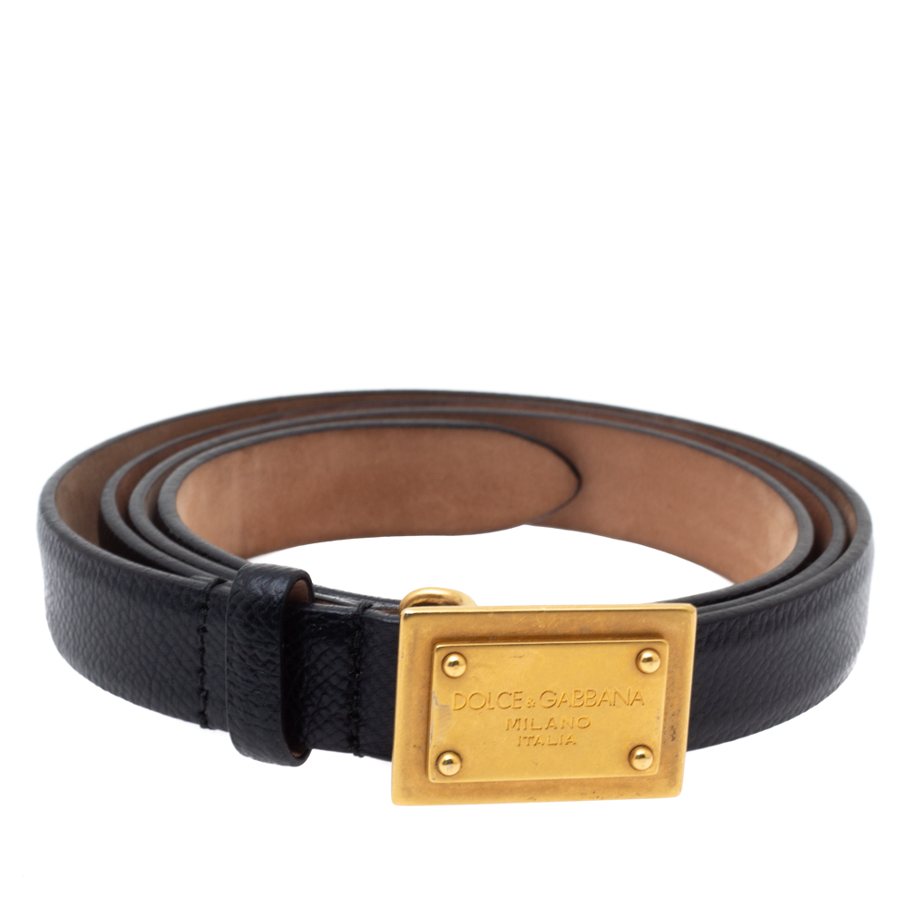 

Dolce & Gabbana Black Leather Logo Plague Slim Belt