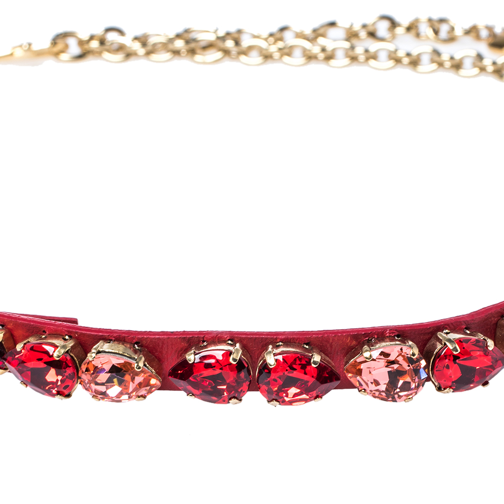 

Dolce & Gabbana Red Leather Resin Crystal Gold Tone Chain Belt, Multicolor