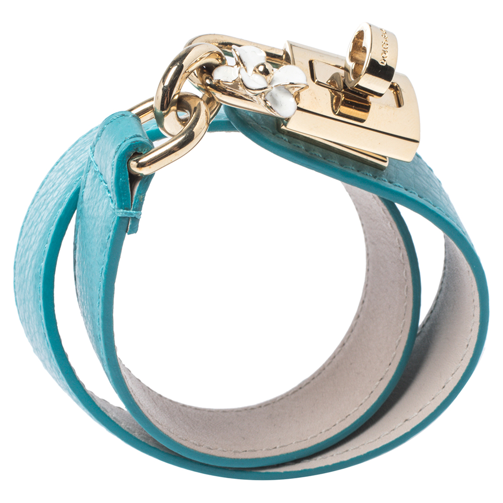 

Dolce & Gabbana Teal Leather Lock Motif Gold Tone Wrap Bracelet, Blue