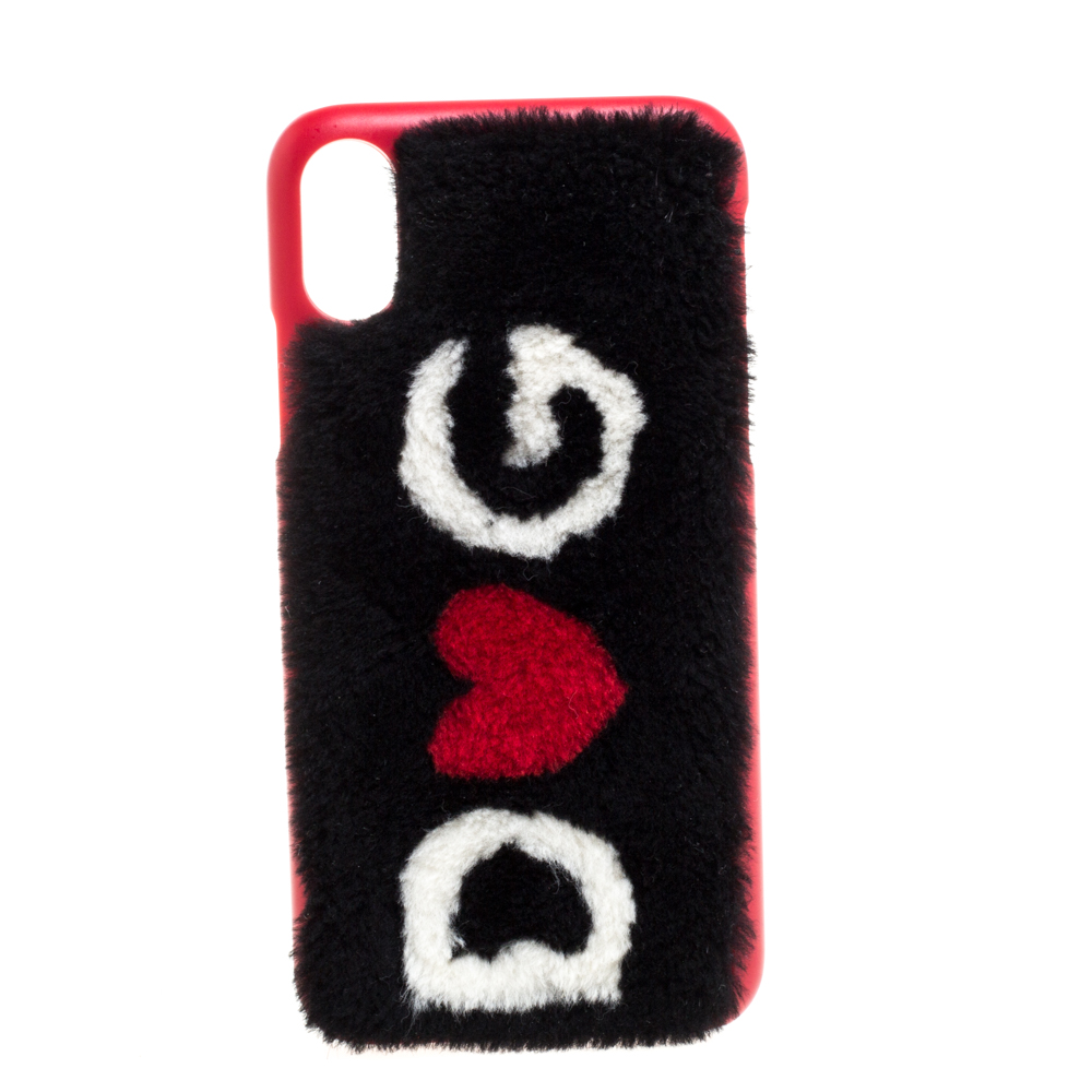 Pre-owned Dolce & Gabbana Black/red Fur Logo Plaque Iphone X Cover