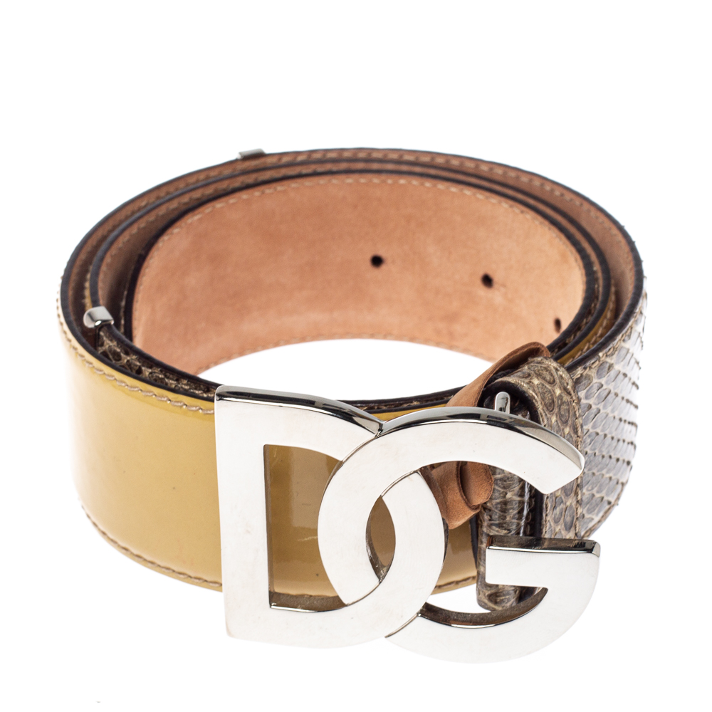 

Dolce & Gabbana Brown/Yellow Snakeskin and Patent Leather Logo Belt