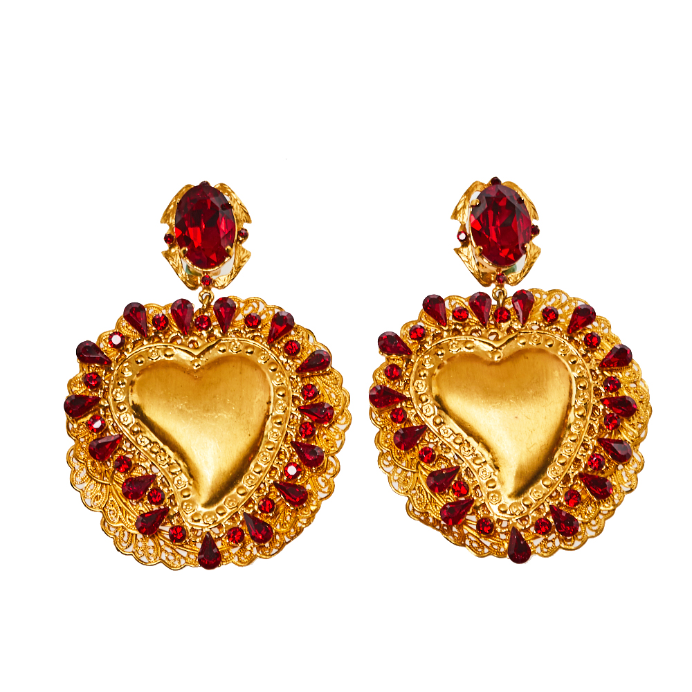 Click to view more detailed imagery on our partner's website Pre-owned Dolce & Gabbana Red Crystal Sacred Heart Drop Clip On Earrings In Gold