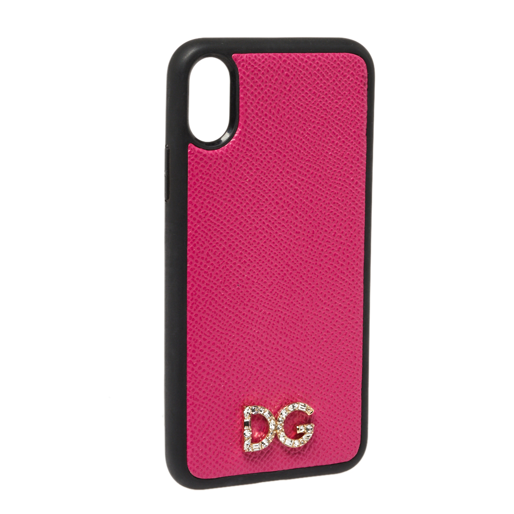 

Dolce & Gabbana Pink/Black Leather Crystal Embellished Logo iPhone X Case