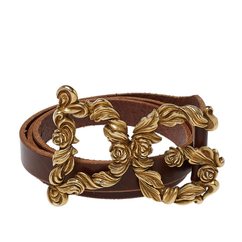 

Dolce and Gabbana Brown Leather Baroque Logo Buckle Belt