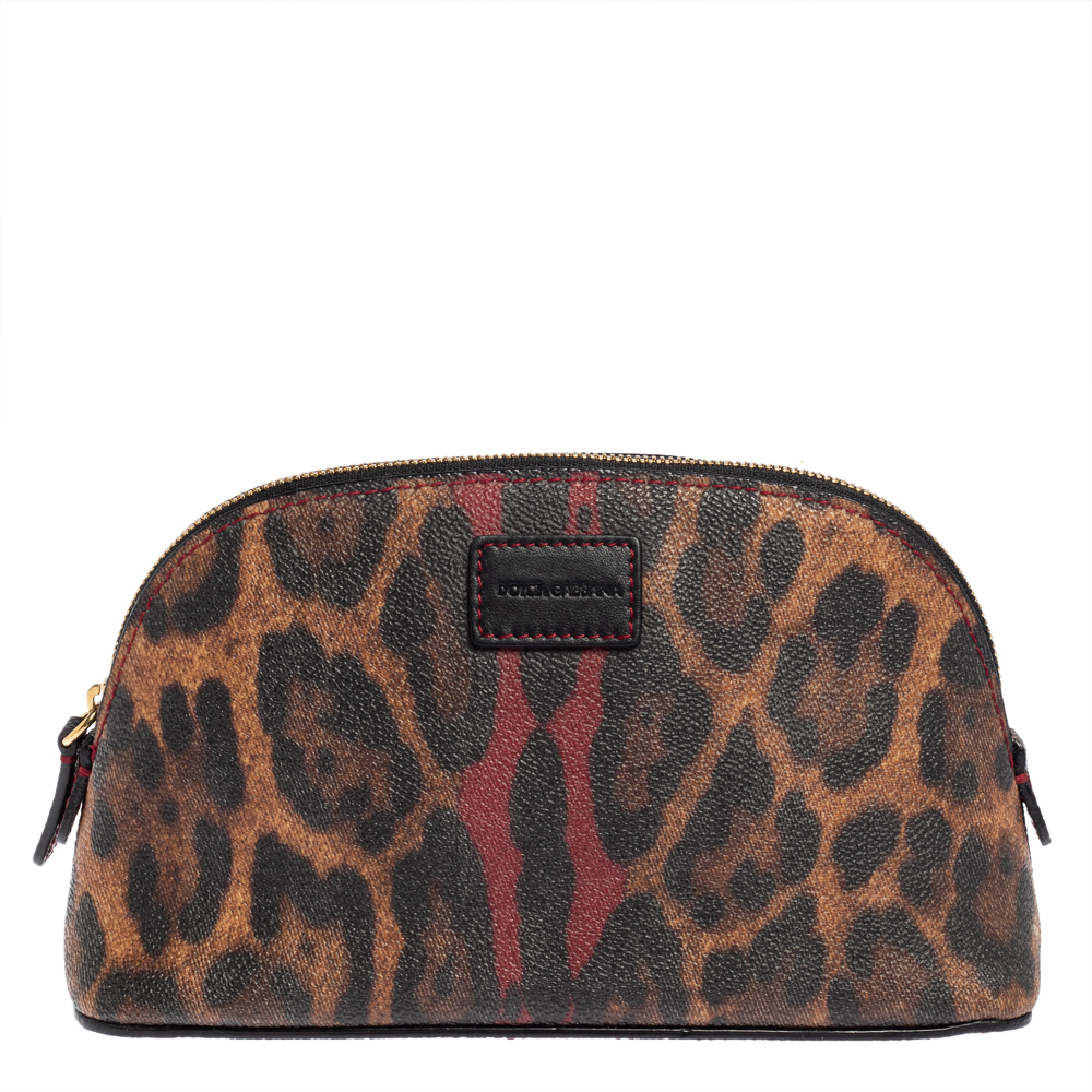 Pre-owned Dolce & Gabbana Brown Leopard Coated Canvas Cosmetic Case