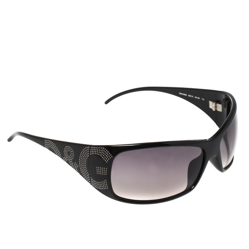 Pre-owned Dolce & Gabbana Black Studded Logo/ Grey Gradient Rectangle Sunglasses