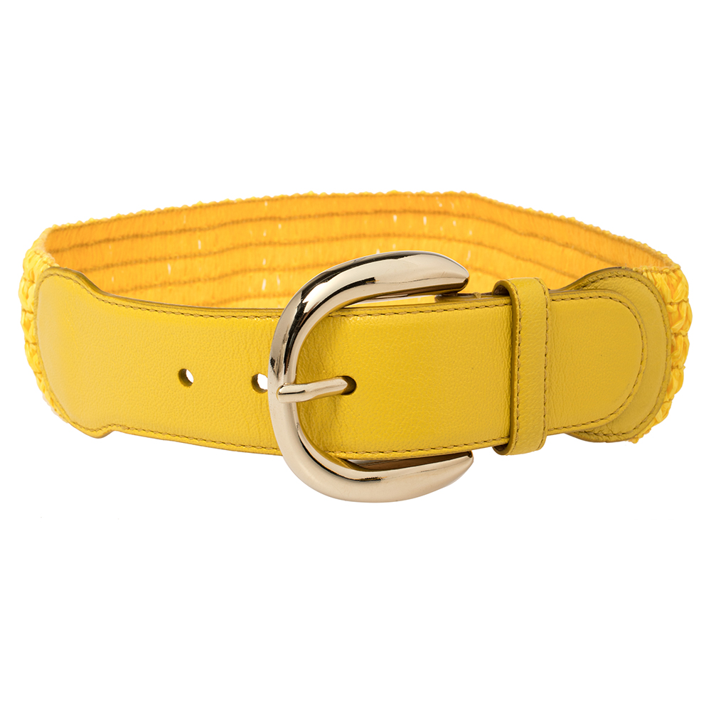 Pre-owned Dolce & Gabbana Yellow Leather And Straw Elastic Waist Belt 70 Cm