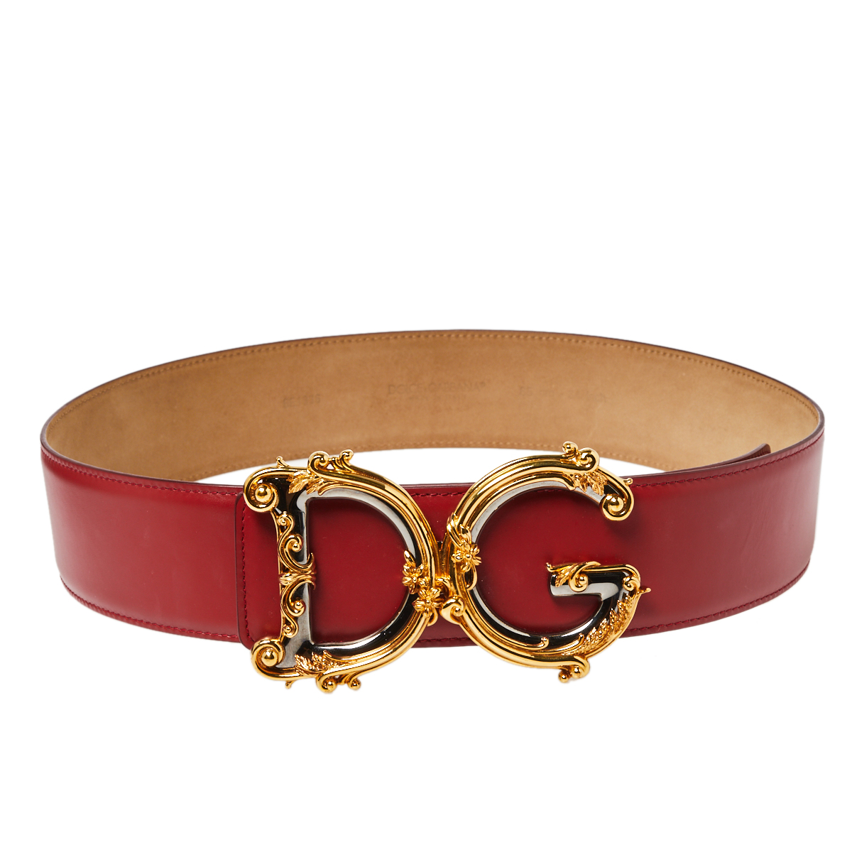 Pre Owned Dolce & Gabbana Red Leather Baroque Logo Buckle Waist Belt 85 CM