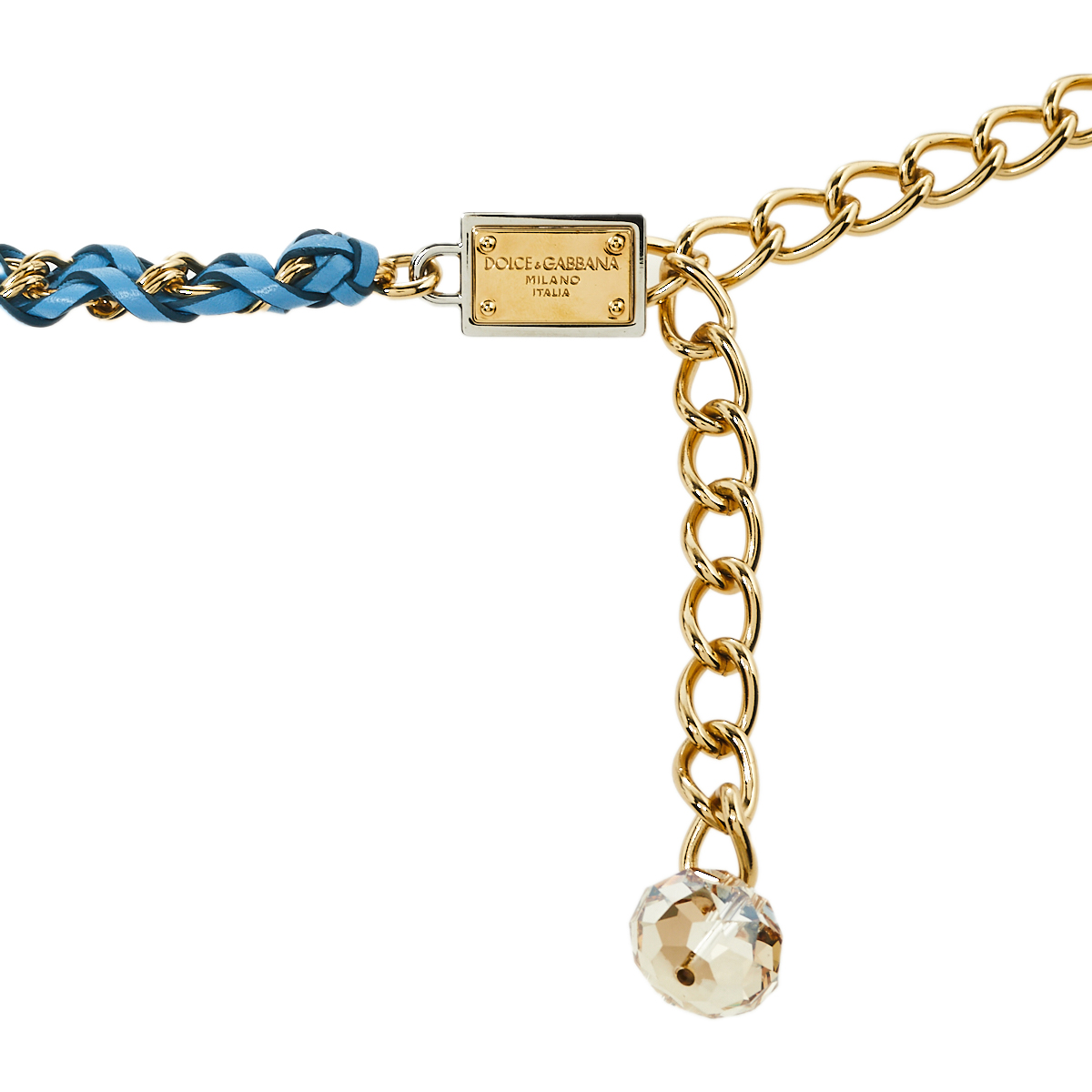 

Dolce & Gabbana Blue Braided Leather Gold Tone Chain Belt, Navy blue