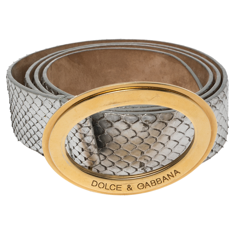 

Dolce & Gabbana Metallic Silver Python Oval Buckle Belt