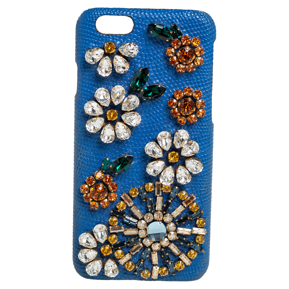 Pre-owned Dolce & Gabbana Blue Leather Crystal Embellished Iphone 6 Case