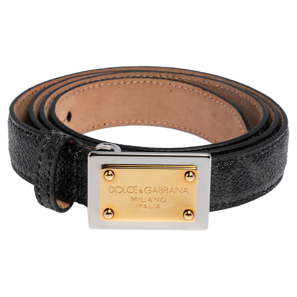 

Dolce & Gabbana Black Leopard Print Coated Canvas Logo Plaque Slim Belt