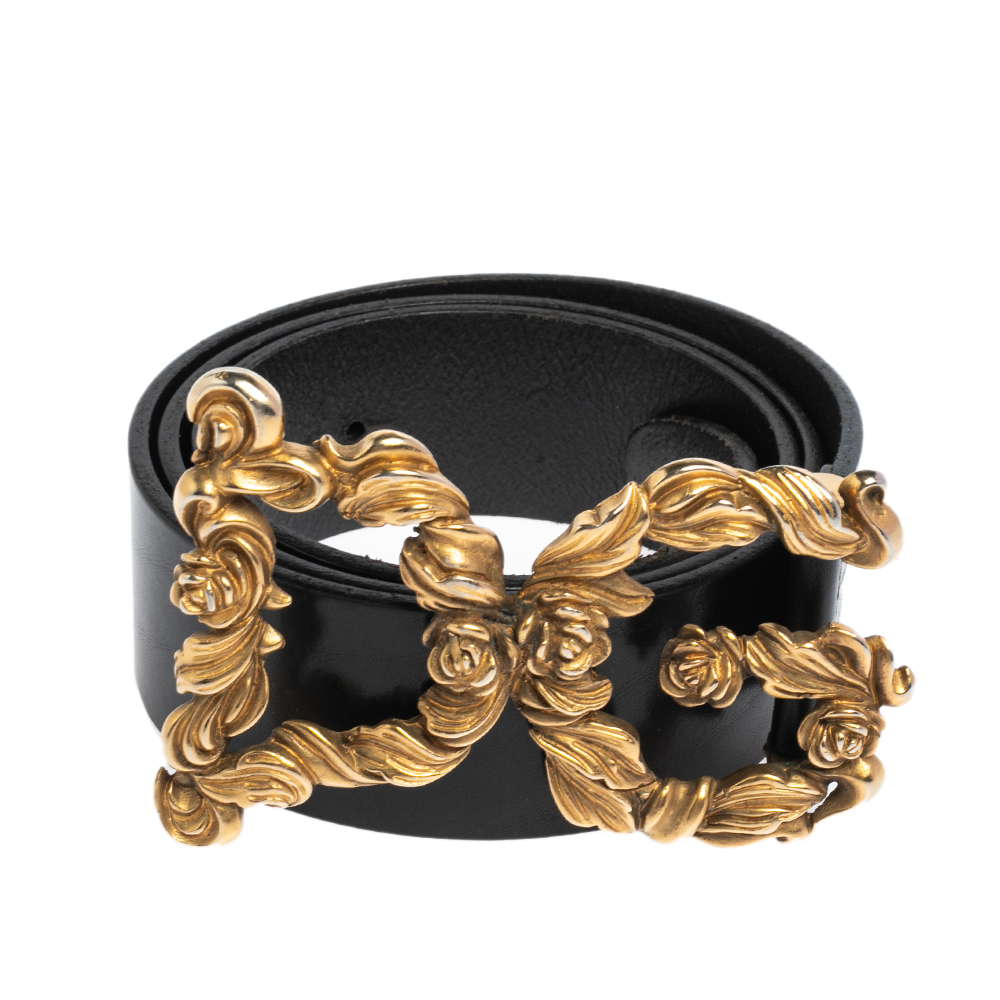 

Dolce and Gabbana Black Leather Baroque Logo Buckle Belt