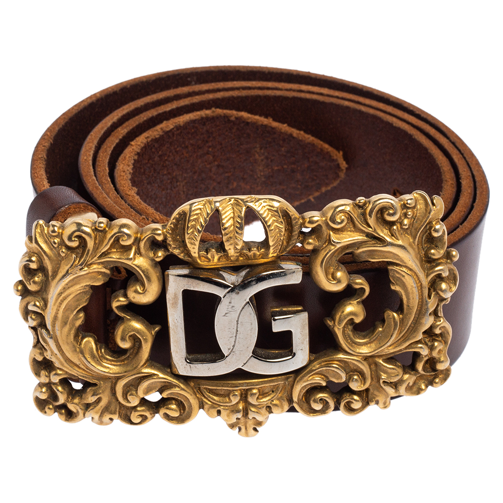 

Dolce & Gabbana Dark Brown Leather Metal Baroque Logo Belt