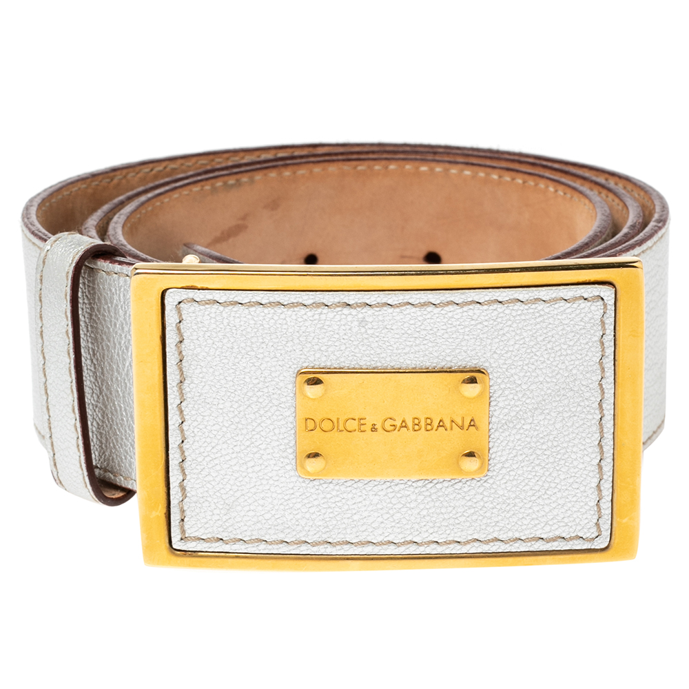 

Dolce & Gabbana Metallic Silver Leather Logo Plaque Buckle Belt