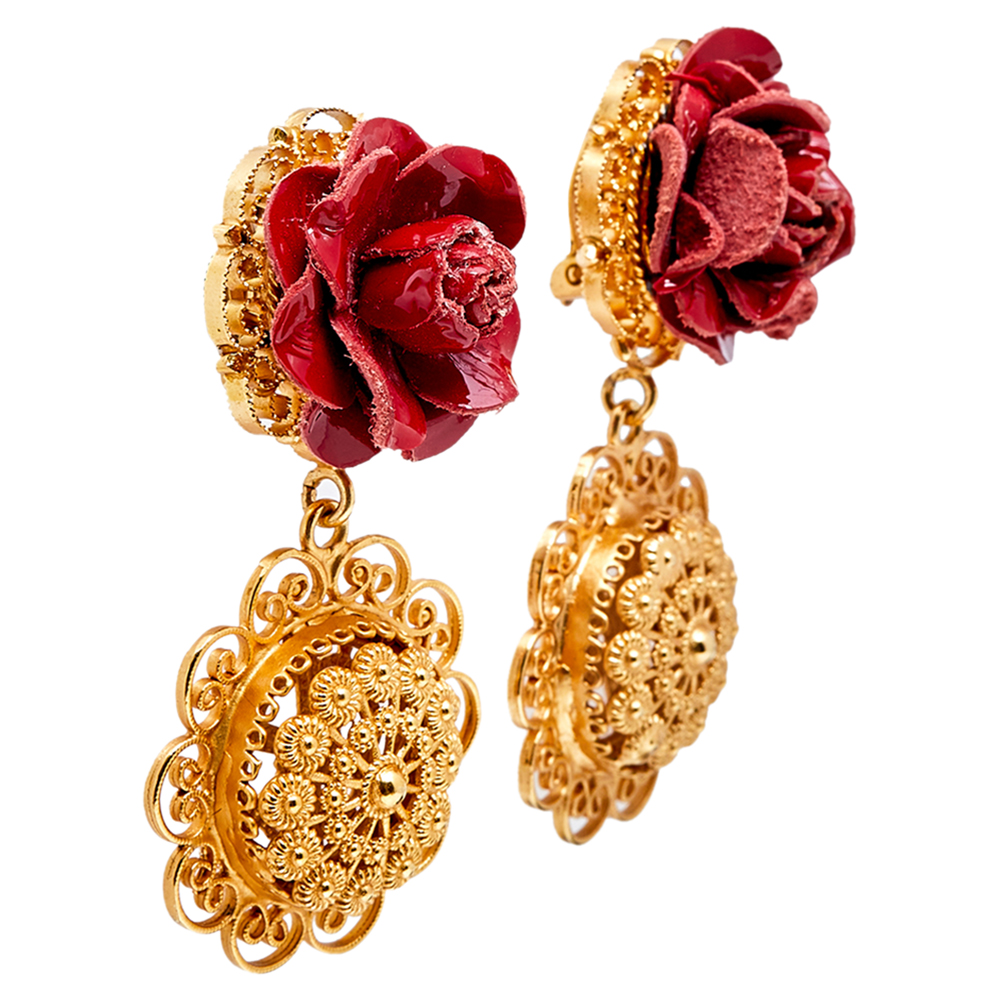 

Dolce & Gabbana Red Floral Leather Sacred Heart Drop Earrings