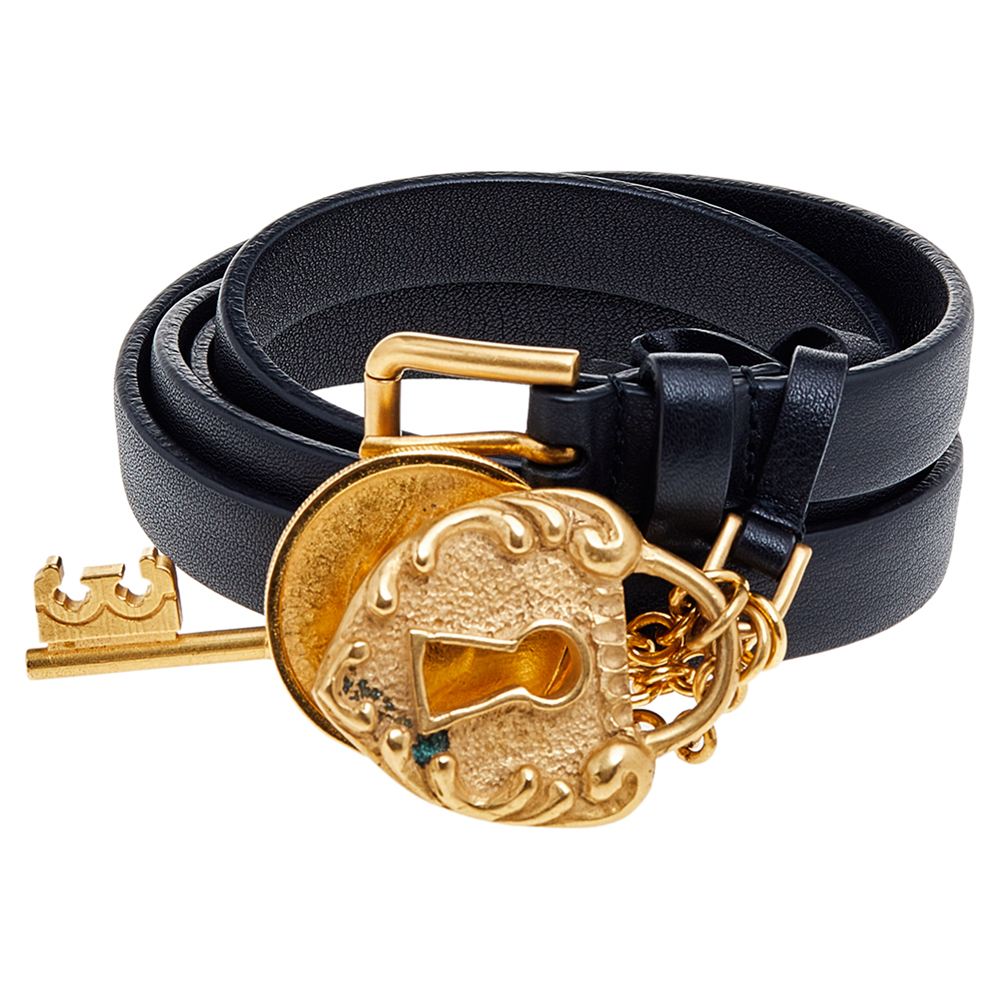 

Dolce & Gabbana Black Leather Padlock Key Charm Slim Belt Size