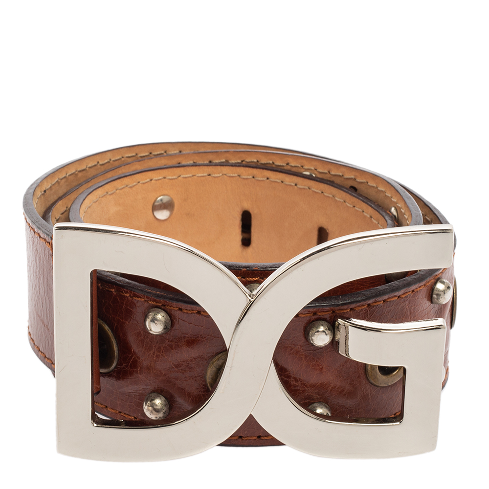 

Dolce & Gabbana Brown Leather Grommet Studded DG Logo Belt